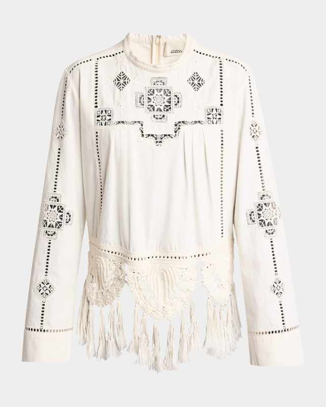 Severine Crochet Fringe-Hem Long-Sleeve Blouse